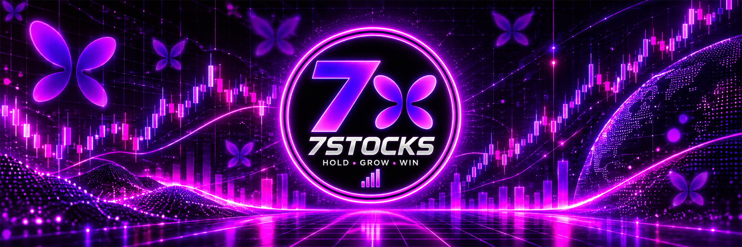7Stock banner with neon charts, a glowing globe, and the butterfly mark